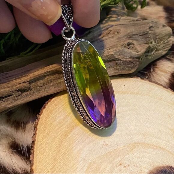 Bi-Color Tourmaline Green Purple Sterling Silver Pendant - Picture 8 of 10
